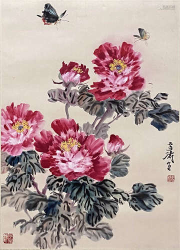 Chinese Flower and Bird Painting paper scroll, Wang xuetao m...