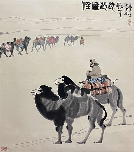 Chinese Camel Painting paper scroll, Wu zuoren mark