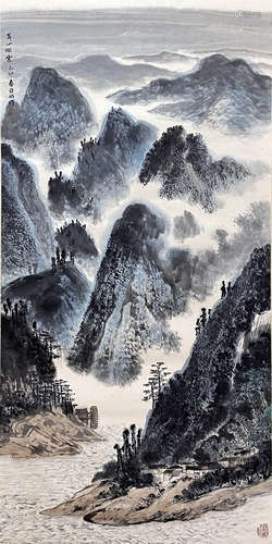 Chinese Landscape Painting paper scroll, Ya ming mark