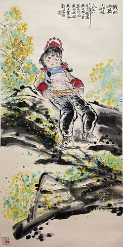 Chinese Figure Painting paper scroll, Liu Wenxi mark