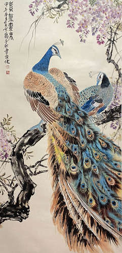 Chinese Flower and Bird Painting paper scroll, Jia Guangjian...