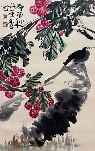 Chinese Flower and Bird Painting paper scroll, Xu linlu mark