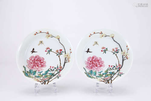 Pair of Famille Rose Flower and Bird Plates