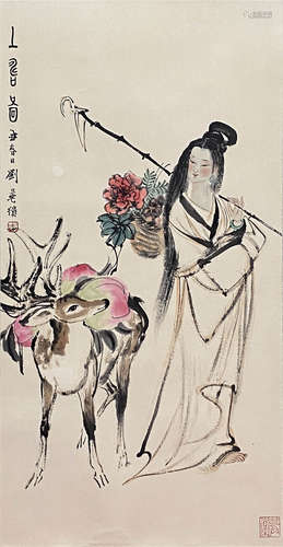 Chinese Figure Painting paper scroll, Liu danzhan mark