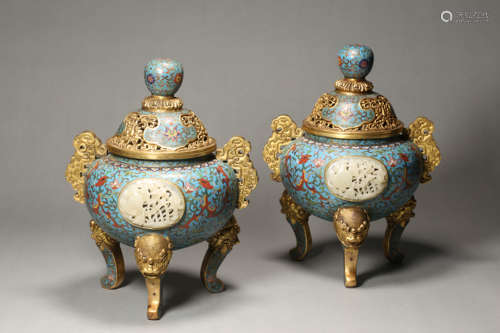 Pair of Cloisonne Enamel Tripod Incense Burners