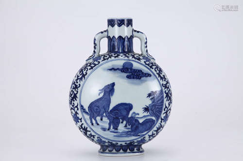 Blue and White Three-Rams Double-Eared Oblate Vase