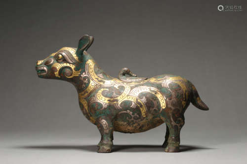 Pair of Gold and Silver-Inlaid Bronze Auspicious Beasts