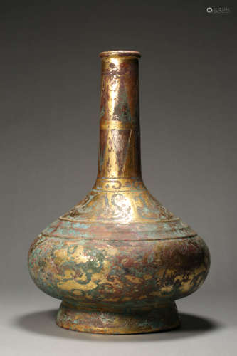 Gold Inlaying Bronze Ritual Bottle Vase