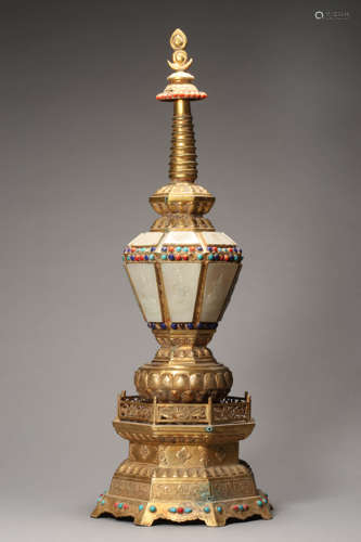 Pair of Jade Inlaid Gilt-Bronze Hardstone Pagoda