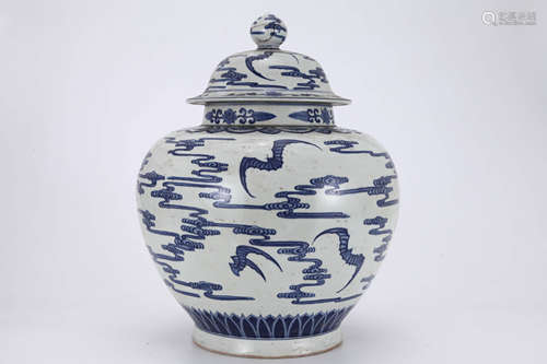 Blue and White Cloud and Bat Jar with Cover