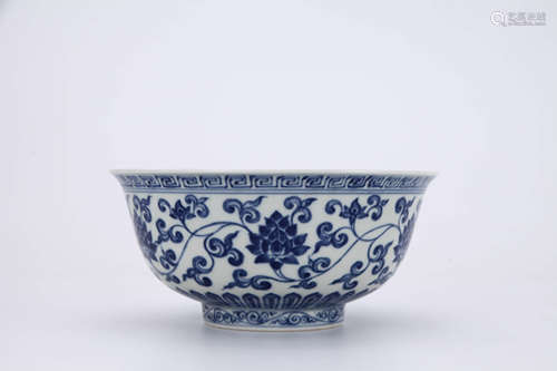 Blue and White Interlocking Lotus Flower Bowl