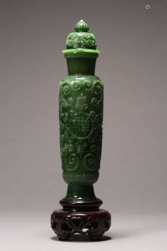 Pair of Spinach-Green Jade Ruyi Bottle Vases