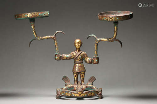 Gold Inlaying Bronze Figural Lampsticks