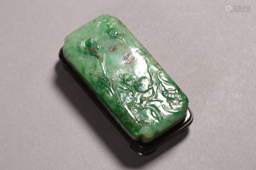 Carved Jadeite Crane Ink Box and Cover