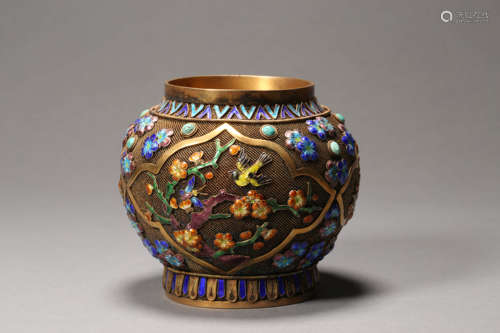 Turquoise Inlaid Enamel Filigree Flower and Bird Jar