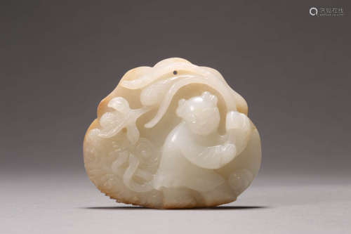 Carved Hetian Jade Boy and Lotus Pendant