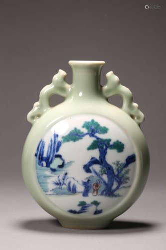 Blue and White and Celadon Glaze Figure Moonflask