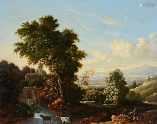 MANNER OF CLAUDE LORRAIN, A CLASSICAL LANDSCAPE WITH DROVERS...