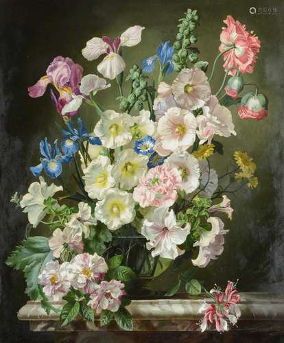 λ GERALD A COOPER (BRITISH 1898-1975), HOLLYHOCKS, IRIS AND ...