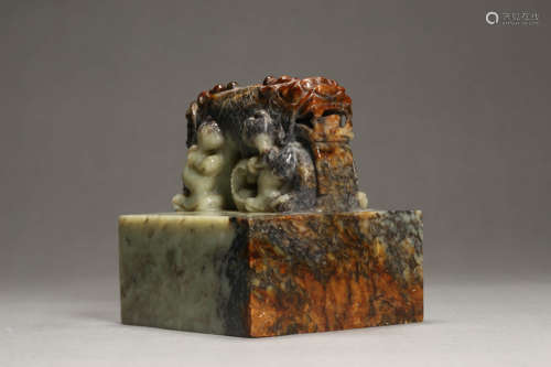 Carved Greenish and Brownish Jade Dragon Seal