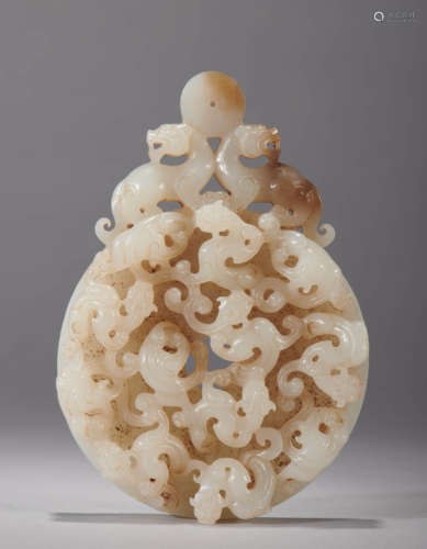 Carved White Jade Relief-Decorated Disc Bi