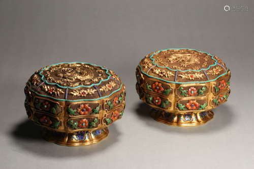 Pair of Gilt-Bronze Enamel Dragon&Phoenix Octagonal Boxes an...