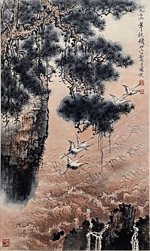 Chinese Landscape Painting paper scroll, Qian songyan mark