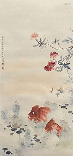 Chinese Goldfishes Painting paper scroll, Lu xiaoman mark