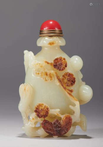 Carved Russet and White Jade Plum Blossom Snuff Bottle