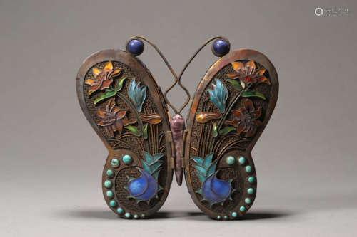 Turquoise Inlaid Enamel Filigree Butterfly-Shape Box and Cov...