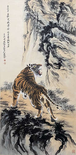 Chinese Tiger Painting paper scroll, Zhang shanzi mark