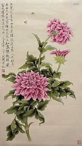 Chinese Flower and Bird Painting paper scroll, Yu feian mark