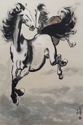 Chinese Horse Painting paper scroll, Xu beihong mark