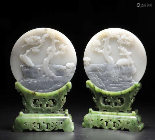 A pair of jade blue and white 'deer and crane' circular tabl...