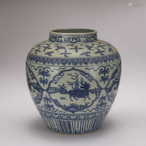 A blue and white 'beast' jar