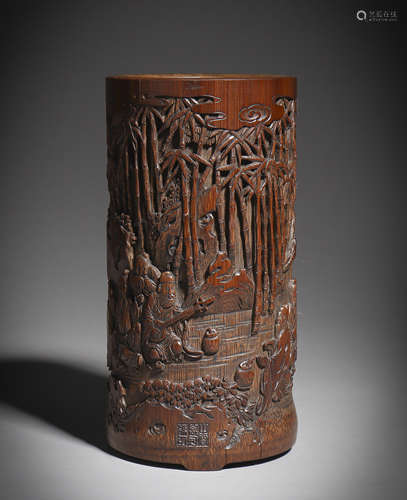 A bamboo carving 'figure' pen container