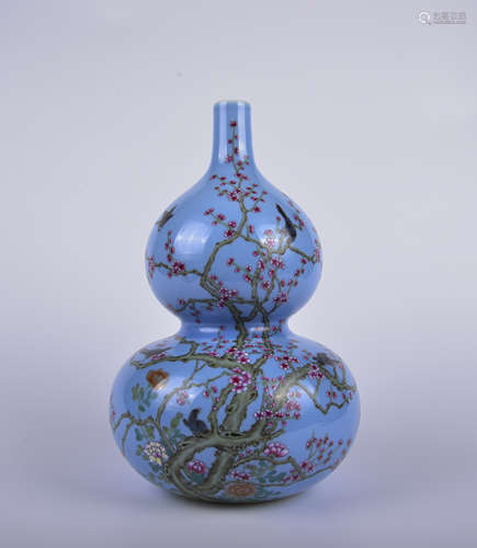 A sky blue glazed and famille-rose 'floral and birds' gourd-...