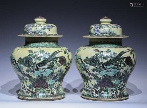 A yellow ground 'floral and birds' jar and cover,Kang xi Mar...