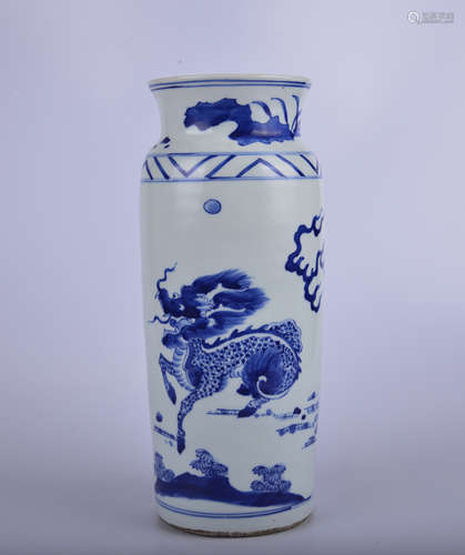 A blue and white 'plantain and unicorn' column vase