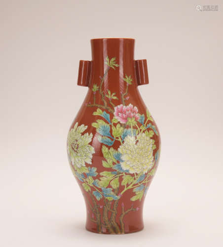 A red-ground famille-rose 'floral' vase