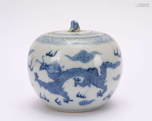 A blue and white 'dragon and phoenix' jar