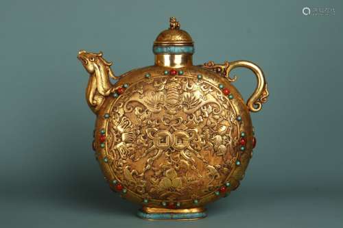 A copper gilded and inlaid gemstone flat ewer with phoenix's...