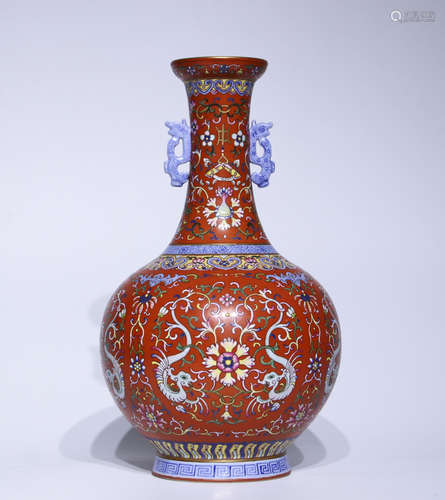 A red-ground winding stem pattern 'dragon' vase,Qian long Ma...