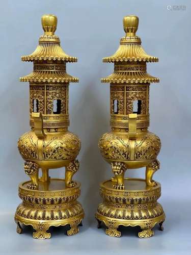 A Group of Two Gilt Bronze Pagoda Shaped Incense Burners