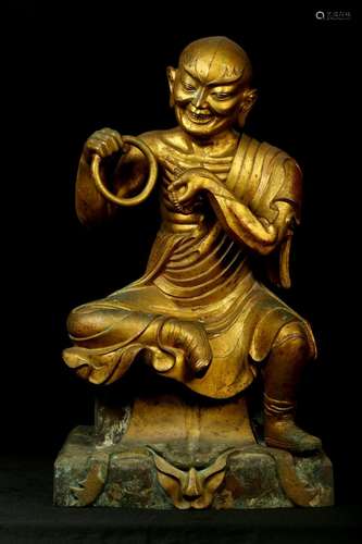 Antique Gilt Bronze Enlightened Monk Statue