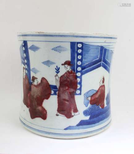 CHINESE IRON RED BLUE & WHITE PORCELAIN BRUSHPOT