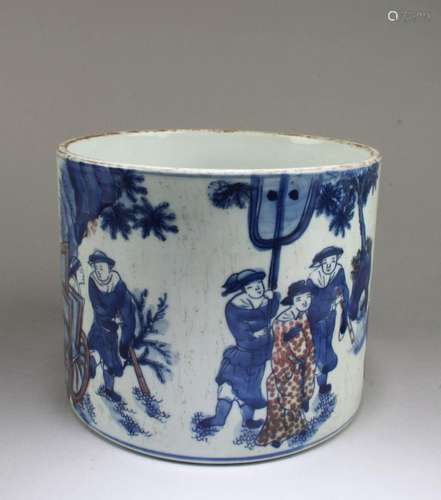 CHINESE IRON RED BLUE & WHITE PORCELAIN BRUSHPOT