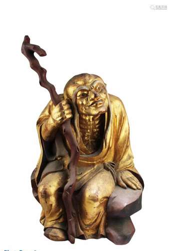 CHINESE CARVED GILT WOODEN ARHAT