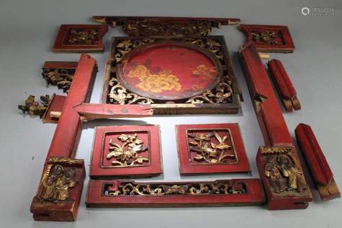 FRAGMENTS OF CHINESE CARVED WOODEN GILT GOLD PLAQU