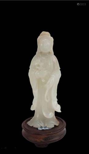 AN OLD CHINESE RIVER JADE GUANYIN STATUE